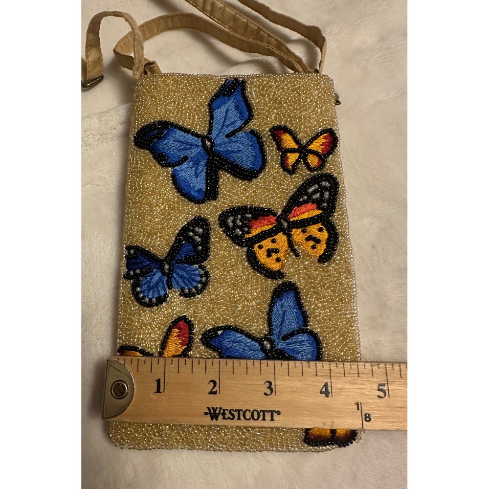 Beaded Butterfly Crossbody Phone Bag Gold Seed Bead Embroidered Small Pouch - Picture 12 of 15